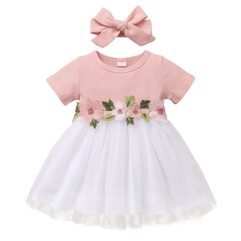 Vestido Tule Flores Meia Manga | 0-24 Meses
