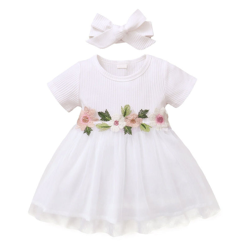 Vestido Tule Flores Meia Manga | 0-24 Meses